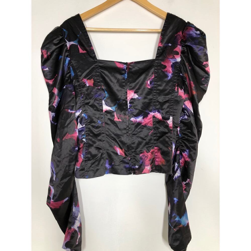 Badgley Mischka Bustier Top Printed Satin Sweetheart Neck Puff Sleeve Black 12 - Picture 5 of 10